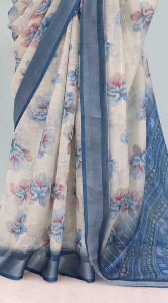 Mayawye Women's Linen Digital Print Saree With Unstitched Blouse 5.5Mtr (Blue)