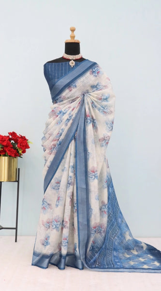 Mayawye Women's Linen Digital Print Saree With Unstitched Blouse 5.5Mtr (Blue)