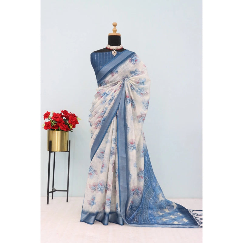 Mayawye Women's Linen Digital Print Saree With Unstitched Blouse 5.5Mtr (Blue)