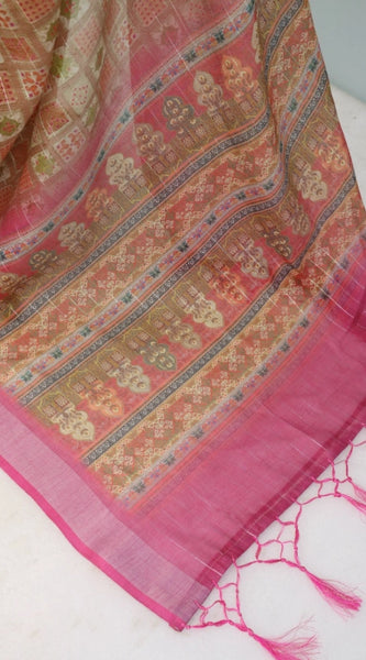 Mayawye Women's Linen Digital Print Saree With Unstitched Blouse 5.5Mtr (Pink)