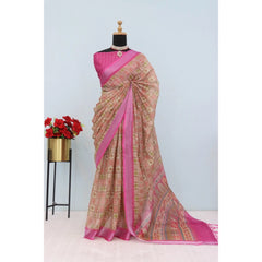 Mayawye Women's Linen Digital Print Saree With Unstitched Blouse 5.5Mtr (Pink)