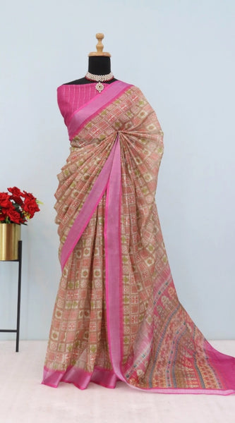 Mayawye Women's Linen Digital Print Saree With Unstitched Blouse 5.5Mtr (Pink)