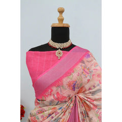 Mayawye Women's Linen Digital Print Saree With Unstitched Blouse 5.5Mtr (Pink)