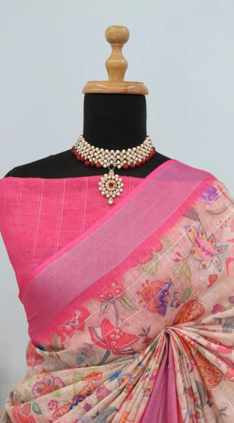 Mayawye Women's Linen Digital Print Saree With Unstitched Blouse 5.5Mtr (Pink)