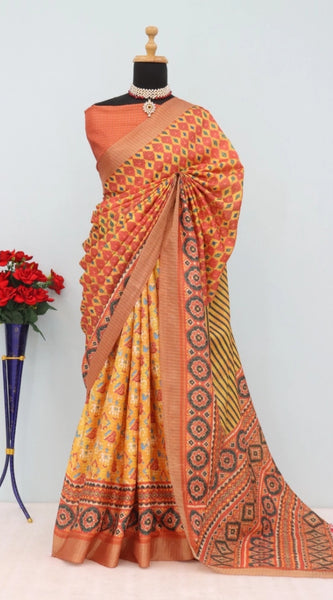 Mayawye Women's Mysore Silk  Digital Print Saree With Unstitched Blouse 5.5Mtr (Orange)