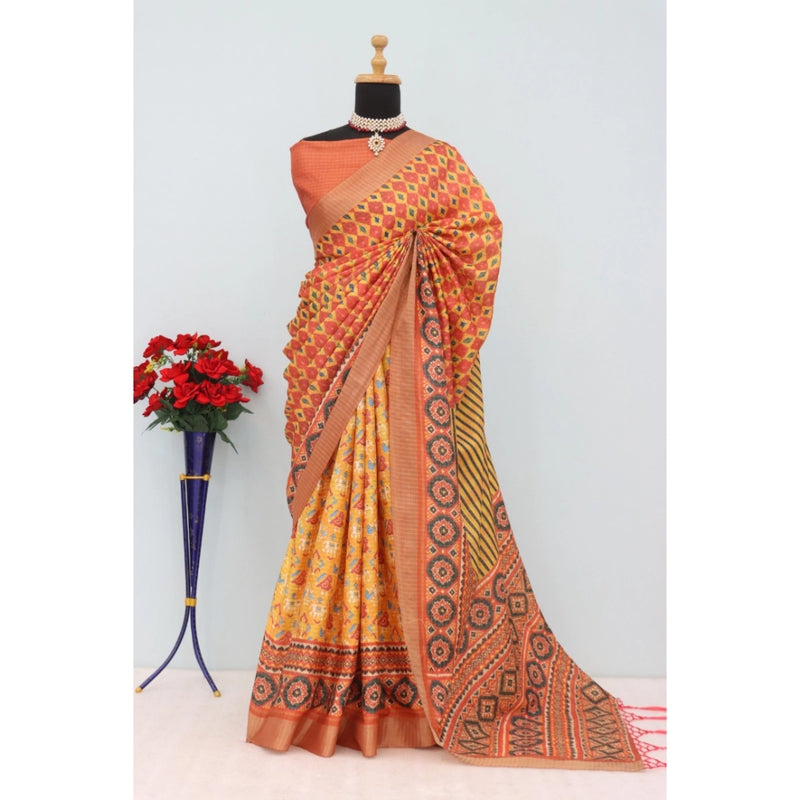 Mayawye Women's Mysore Silk  Digital Print Saree With Unstitched Blouse 5.5Mtr (Orange)
