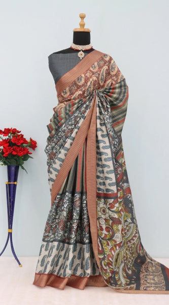 Mayawye Women's Mysore Silk  Digital Print Saree With Unstitched Blouse 5.5Mtr (Grey)
