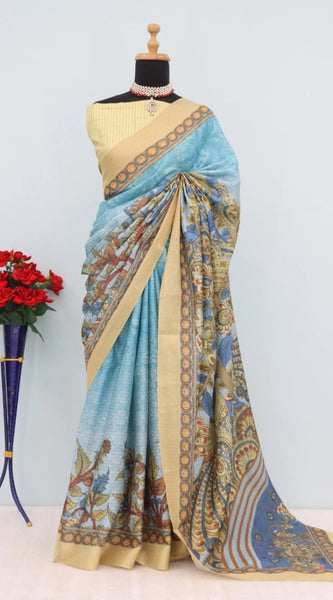Mayawye Women's Mysore Silk  Digital Print Saree With Unstitched Blouse 5.5Mtr (Sky Blue)