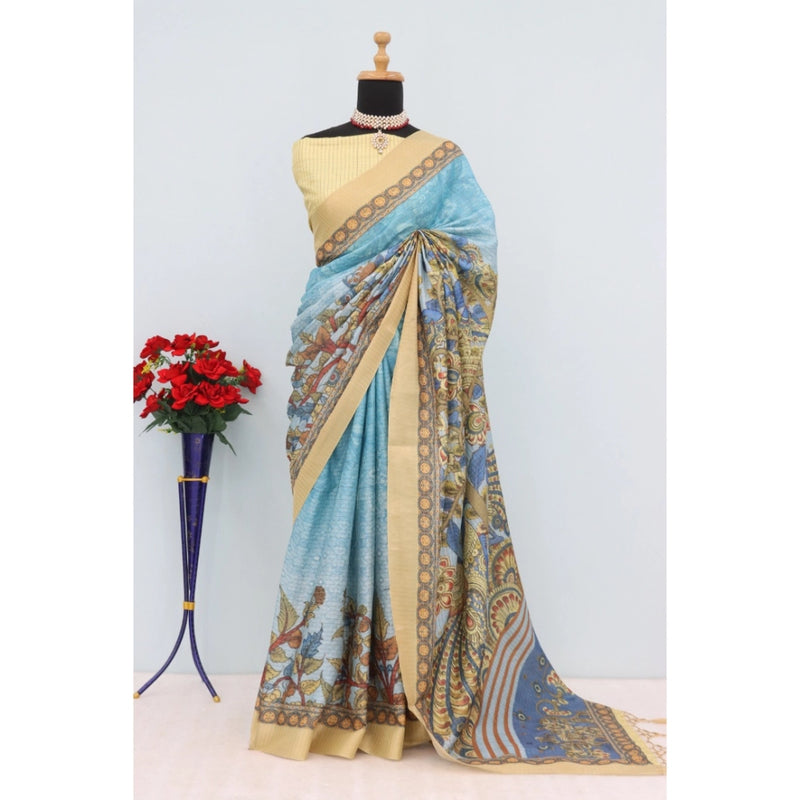 Mayawye Women's Mysore Silk  Digital Print Saree With Unstitched Blouse 5.5Mtr (Sky Blue)