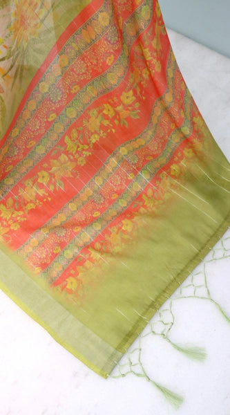 Mayawye Women's Linen Digital Print Saree With Unstitched Blouse 5.5Mtr (Multicolor)