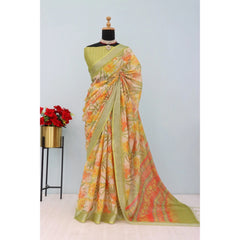 Mayawye Women's Linen Digital Print Saree With Unstitched Blouse 5.5Mtr (Multicolor)
