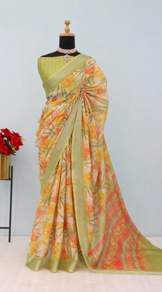 Mayawye Women's Linen Digital Print Saree With Unstitched Blouse 5.5Mtr (Multicolor)