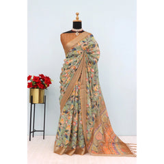 Mayawye Women's Linen Digital Print Saree With Unstitched Blouse 5.5Mtr (Beige)
