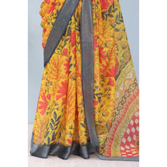 Mayawye Women's Linen Digital Print Saree With Unstitched Blouse 5.5Mtr (Multicolor)