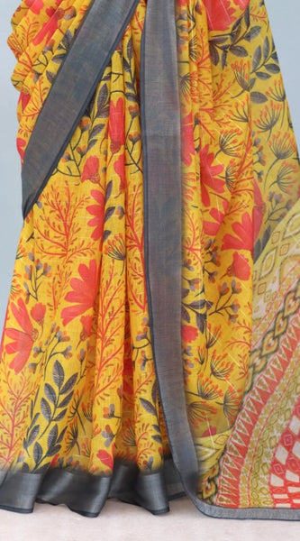 Mayawye Women's Linen Digital Print Saree With Unstitched Blouse 5.5Mtr (Multicolor)