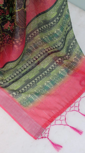 Mayawye Women's Linen Digital Print Saree With Unstitched Blouse 5.5Mtr (Multicolor)