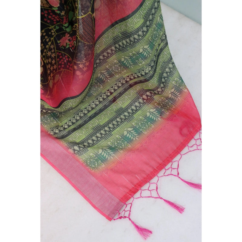 Mayawye Women's Linen Digital Print Saree With Unstitched Blouse 5.5Mtr (Multicolor)