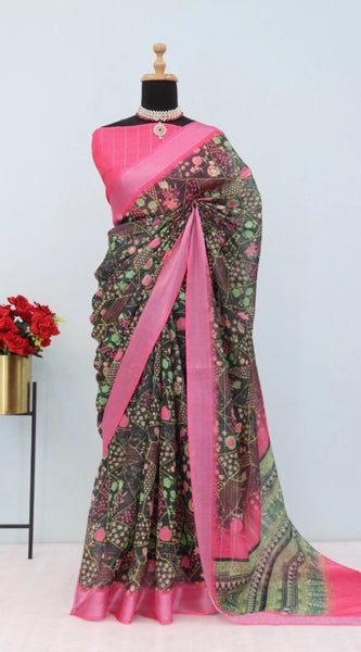 Mayawye Women's Linen Digital Print Saree With Unstitched Blouse 5.5Mtr (Multicolor)