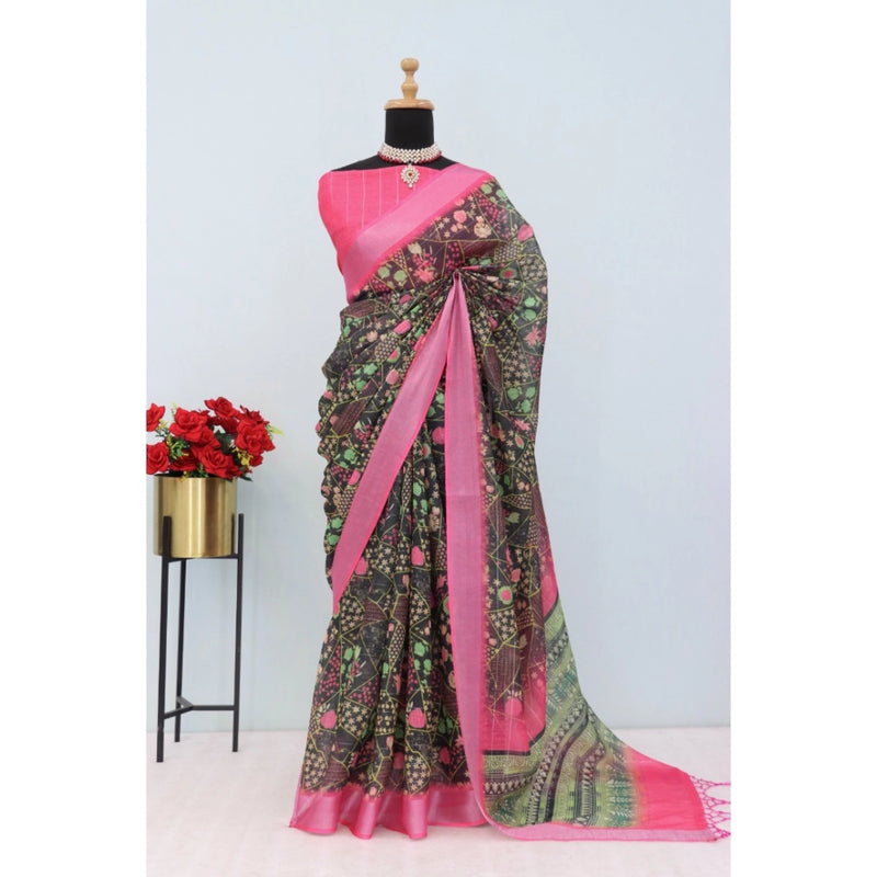 Mayawye Women's Linen Digital Print Saree With Unstitched Blouse 5.5Mtr (Multicolor)
