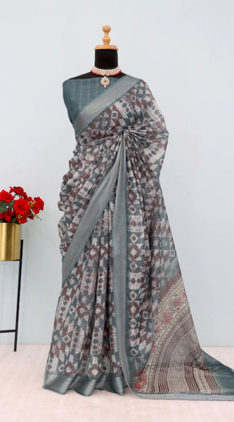 Mayawye Women's Linen Digital Print Saree With Unstitched Blouse 5.5Mtr (Grey)