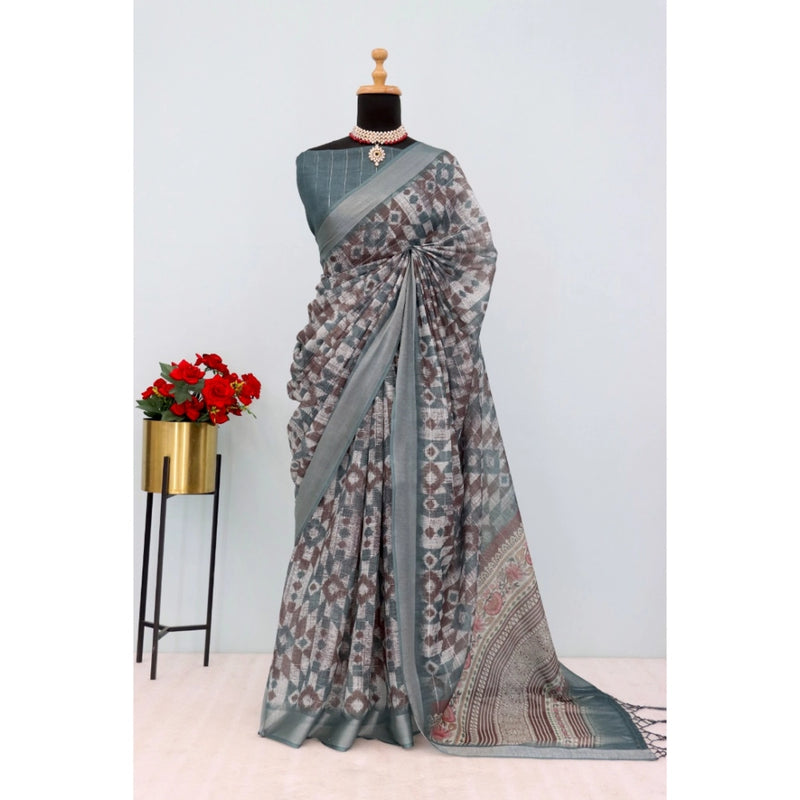 Mayawye Women's Linen Digital Print Saree With Unstitched Blouse 5.5Mtr (Grey)