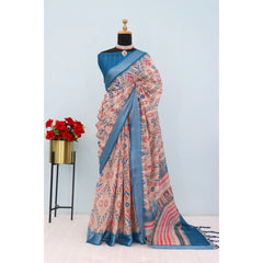Mayawye Women's Linen Digital Print Saree With Unstitched Blouse 5.5Mtr (Multicolor)