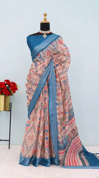 Mayawye Women's Linen Digital Print Saree With Unstitched Blouse 5.5Mtr (Multicolor)