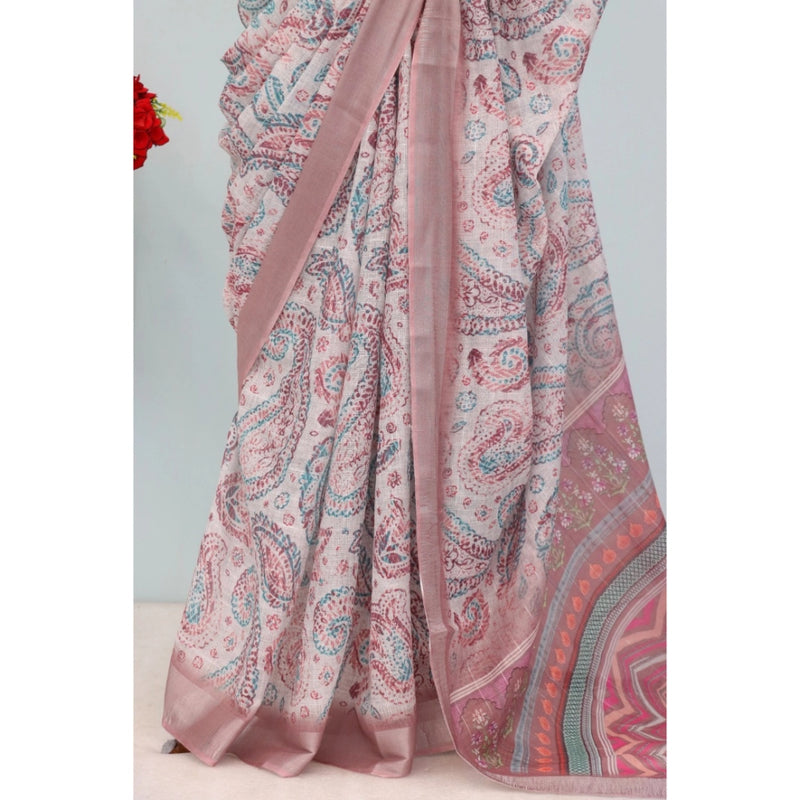 Mayawye Women's Linen Digital Print Saree With Unstitched Blouse 5.5Mtr (Brown)