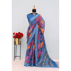 Mayawye Women's Linen Digital Print Saree With Unstitched Blouse 5.5Mtr (Blue)