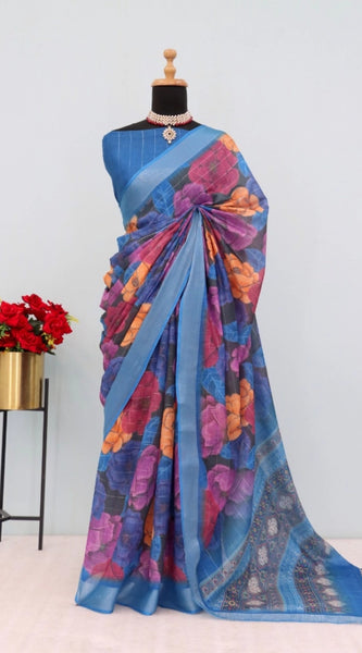 Mayawye Women's Linen Digital Print Saree With Unstitched Blouse 5.5Mtr (Blue)
