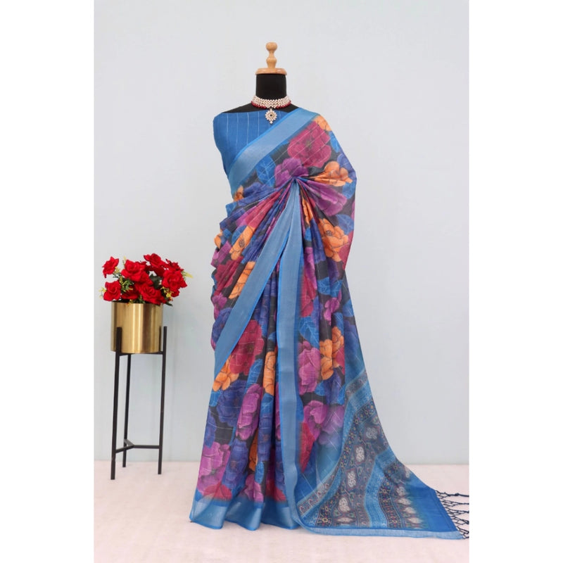 Mayawye Women's Linen Digital Print Saree With Unstitched Blouse 5.5Mtr (Blue)