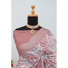 Mayawye Women's Linen Digital Print Saree With Unstitched Blouse 5.5Mtr (Brown)