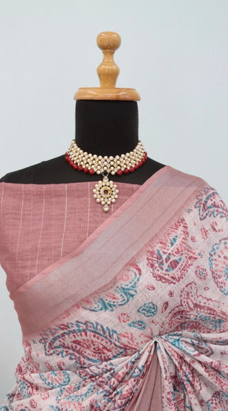 Mayawye Women's Linen Digital Print Saree With Unstitched Blouse 5.5Mtr (Brown)