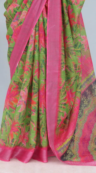 Mayawye Women's Linen Digital Print Saree With Unstitched Blouse 5.5Mtr (Green)