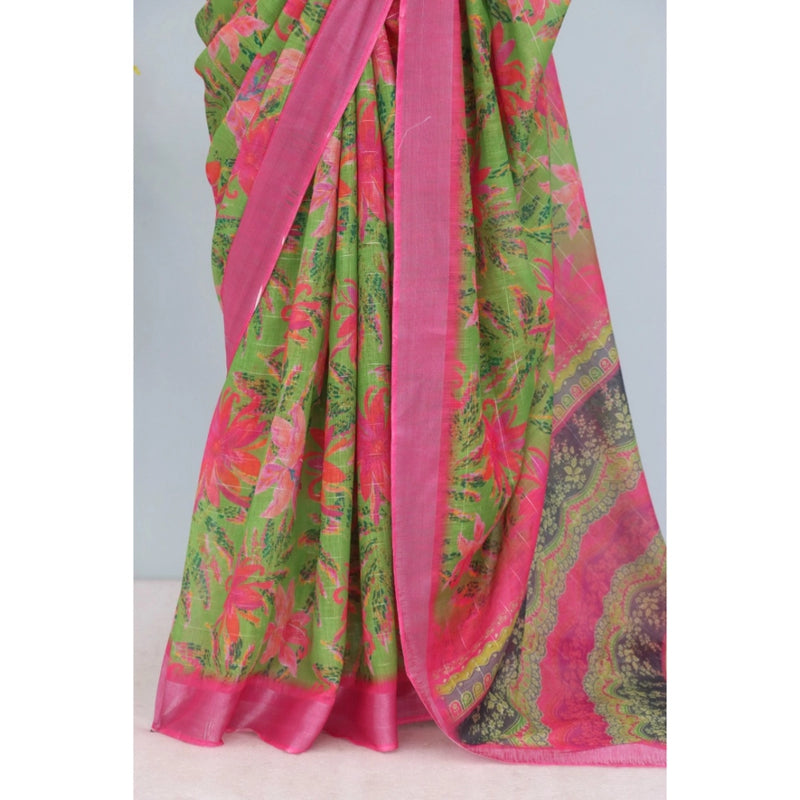 Mayawye Women's Linen Digital Print Saree With Unstitched Blouse 5.5Mtr (Green)