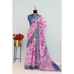 Mayawye Women's Linen Digital Print Saree With Unstitched Blouse 5.5Mtr (Multicolor)