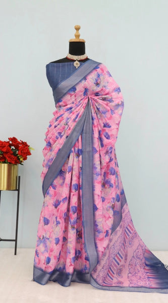 Mayawye Women's Linen Digital Print Saree With Unstitched Blouse 5.5Mtr (Multicolor)
