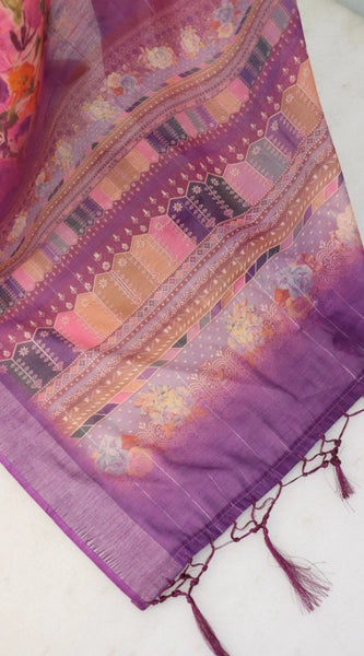 Mayawye Women's Linen Digital Print Saree With Unstitched Blouse 5.5Mtr (Purple)