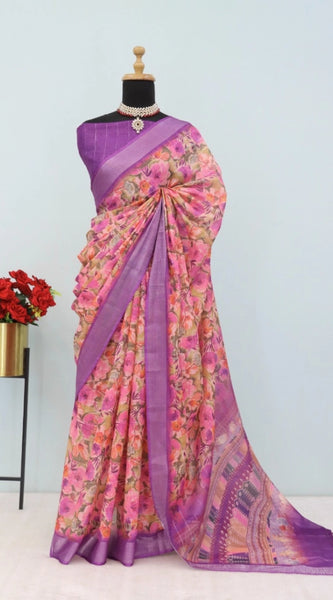 Mayawye Women's Linen Digital Print Saree With Unstitched Blouse 5.5Mtr (Purple)