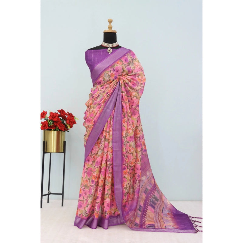Mayawye Women's Linen Digital Print Saree With Unstitched Blouse 5.5Mtr (Purple)
