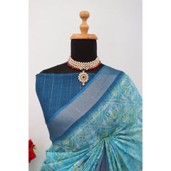 Mayawye Women's Linen Digital Print Saree With Unstitched Blouse 5.5Mtr (Sky Blue)