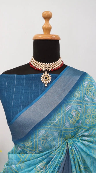 Mayawye Women's Linen Digital Print Saree With Unstitched Blouse 5.5Mtr (Sky Blue)