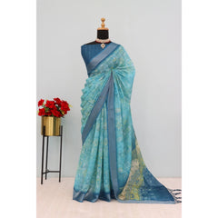 Mayawye Women's Linen Digital Print Saree With Unstitched Blouse 5.5Mtr (Sky Blue)