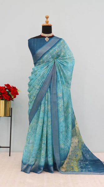 Mayawye Women's Linen Digital Print Saree With Unstitched Blouse 5.5Mtr (Sky Blue)