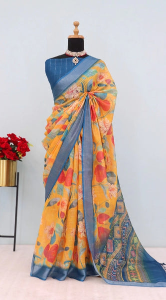 Mayawye Women's Linen Digital Print Saree With Unstitched Blouse 5.5Mtr (Yellow)