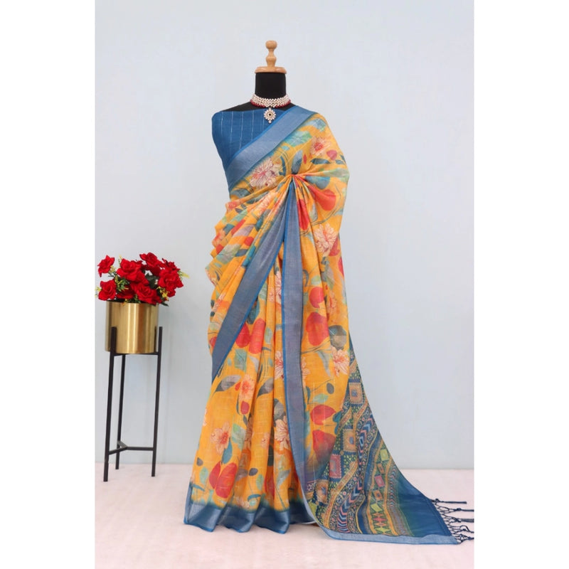 Mayawye Women's Linen Digital Print Saree With Unstitched Blouse 5.5Mtr (Yellow)