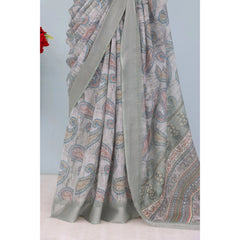 Mayawye Women's Linen Digital Print Saree With Unstitched Blouse 5.5Mtr (Grey)