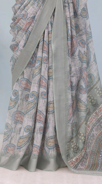 Mayawye Women's Linen Digital Print Saree With Unstitched Blouse 5.5Mtr (Grey)