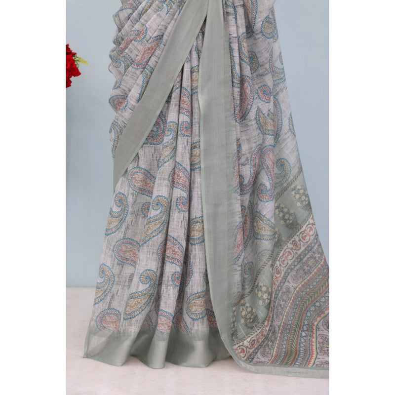Mayawye Women's Linen Digital Print Saree With Unstitched Blouse 5.5Mtr (Grey)
