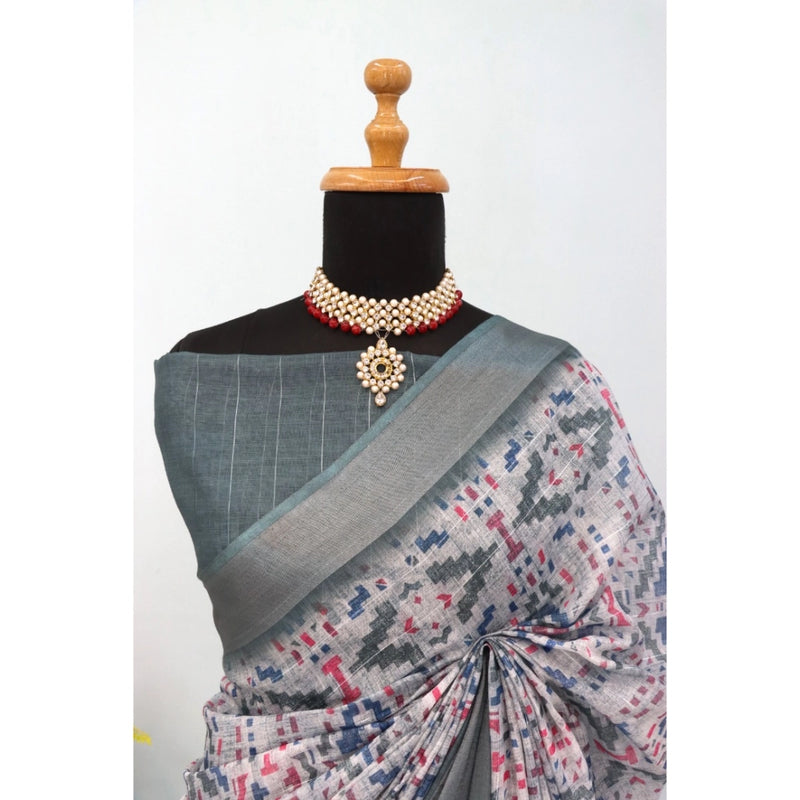 Mayawye Women's Linen Digital Print Saree With Unstitched Blouse 5.5Mtr (Grey)